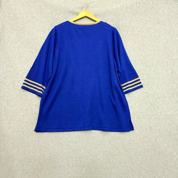 Quacker Factory Womens 1X Blue‎ Gold Metallic Beaded Anchor Sweater Nautical Art - Picture 2 of 7